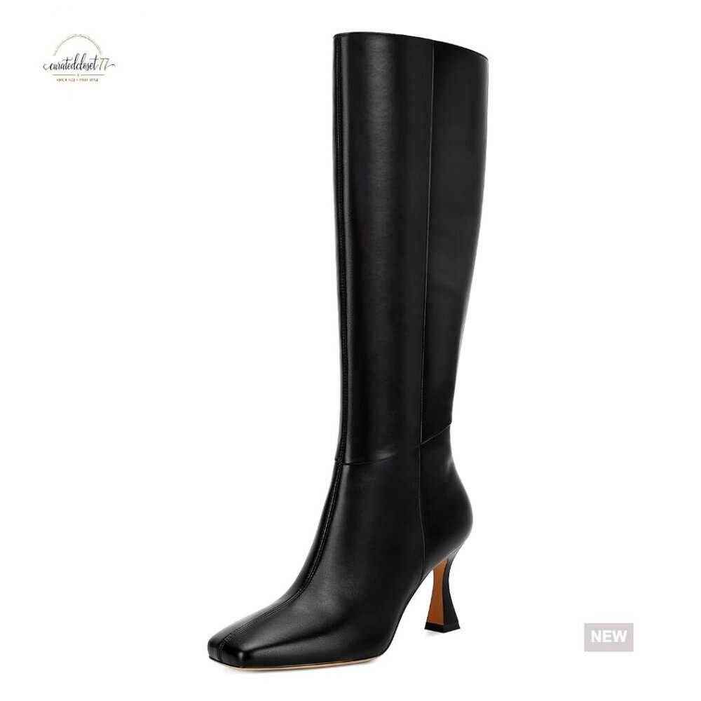 Knee High Leather Boots Stiletto Kitten Heel Square Toe Side Zipper